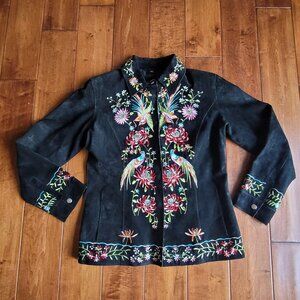 Vintage Black Suede Leather Jacket with Multi Colored Bird and Floral Embroidery